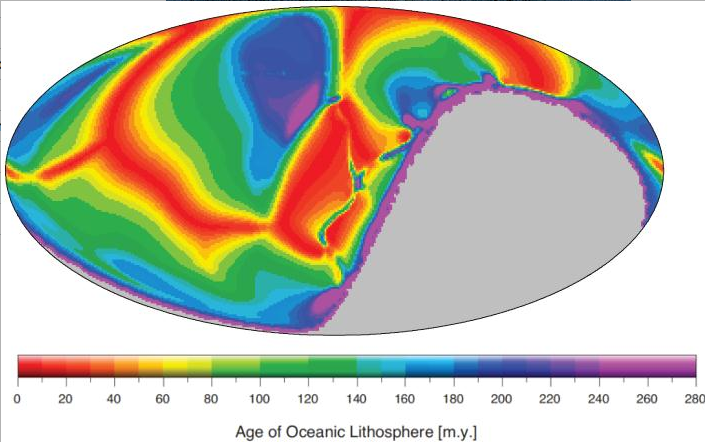 The researchers simulated how the local age distribution of the seafloor looks like under the assumption that the global share of the continental curst is 30 per cent. (Coltice N et al., Geology 2014)